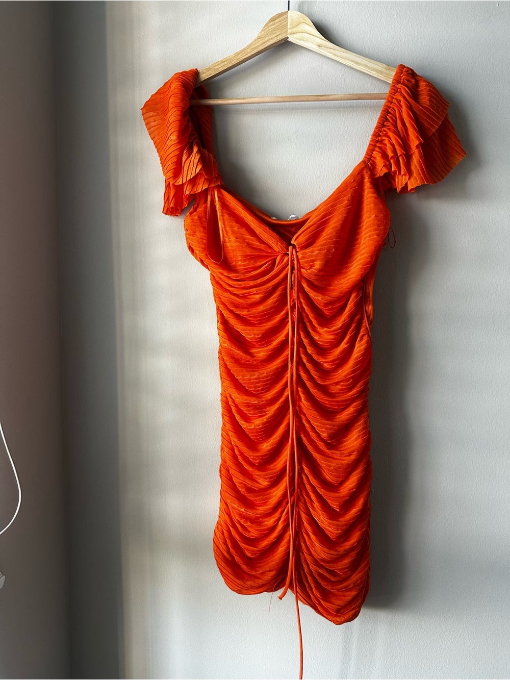 Zara Orange Ruched Mini Dress with Puff Sleeves - Fits Medium